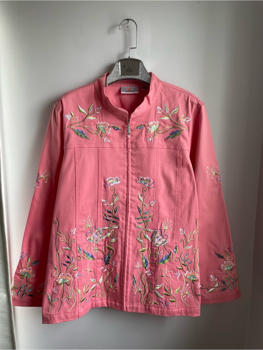 NWOT Pink Embroidered-Jeweled-Butterfly-Zip-Front Jacket-size L-Art to Wear-Boho